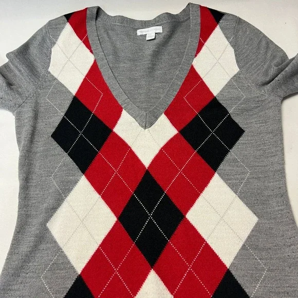 New York & Company Argyle Sweater Shirt Collar Gray Red‎ Black White Medium - Picture 6 of 13